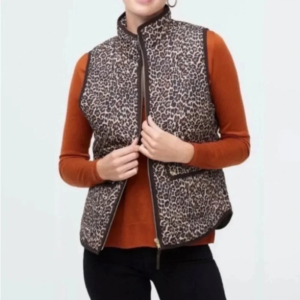 J.โCREWโ FACTORY Leopard Printed Puffer Vest Preppy Animal Print Quilted Small